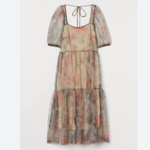 H&M Floral Mesh Tiered Puff Sleeve Dress Midi Lined Size M